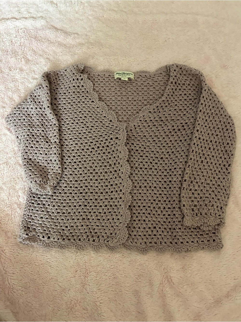 Norm Thompson Taupe Crochet V-Neck Open Knit Sweater